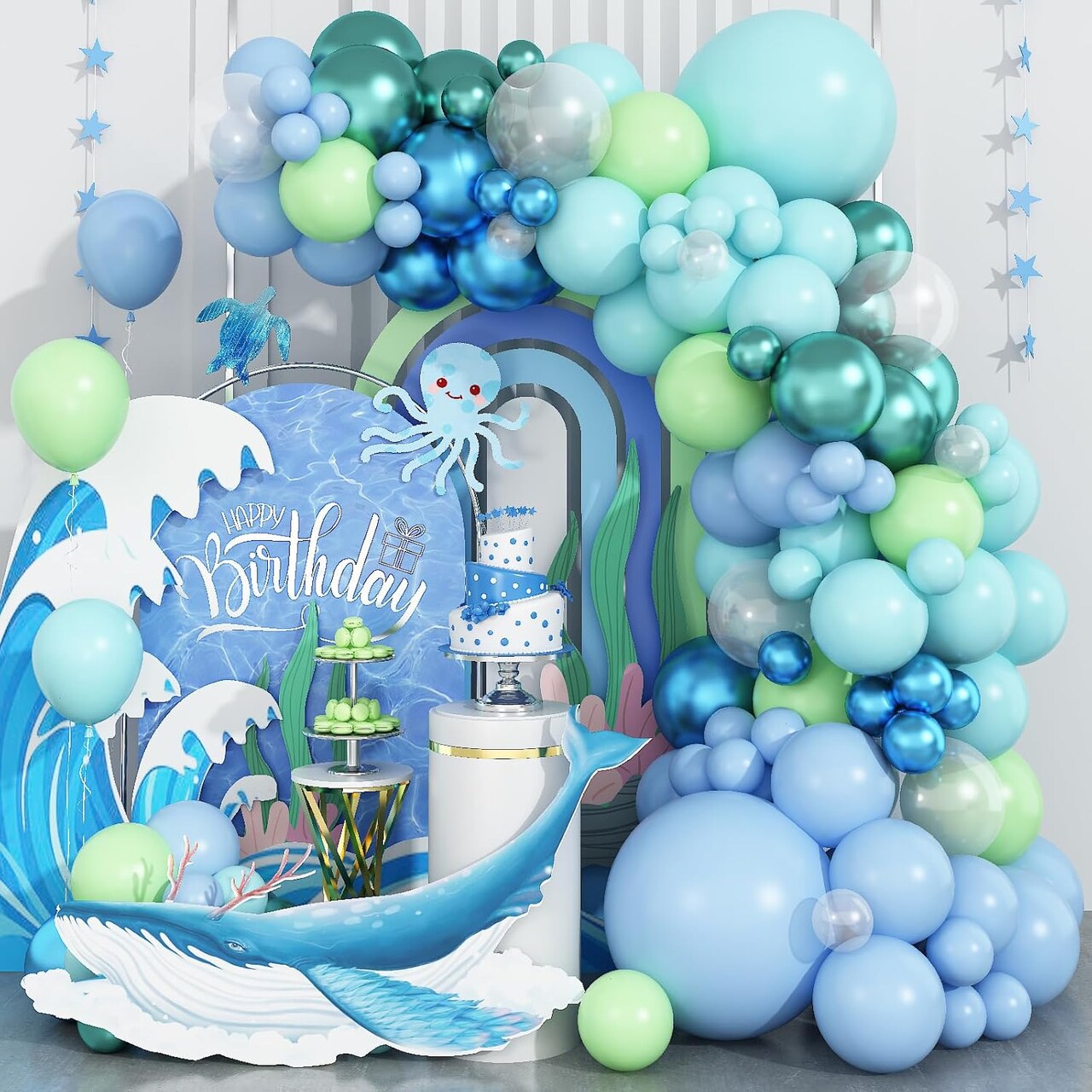 Under the Sea Balloon Arch – Pastel Blue, Teal & Lime Green Balloon Garland with Metallic Balloons for Ocean, Shark Theme Birthday Party & Baby Shower Decorations (Girls & Boys)